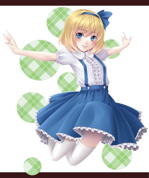 Anime picture 1000x1200 with touhou alice margatroid mochi.f tall image short hair blue eyes blonde hair spread arms girl thighhighs bow hair bow white thighhighs hairband