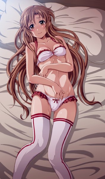 Anime picture 650x1100 with sword art online a-1 pictures yuuki asuna shian (my lonly life.) single long hair tall image looking at viewer blush light erotic smile brown hair brown eyes underwear only girl thighhighs underwear panties white thighhighs