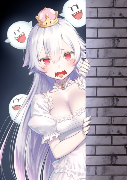 Anime picture 724x1023 with super mario bros. new super mario bros. u deluxe princess king boo boo (mario) yasuyuki single long hair tall image looking at viewer blush fringe breasts open mouth hair between eyes red eyes large breasts cleavage white hair teeth puffy sleeves