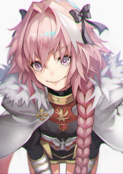 Anime picture 1060x1500 with fate (series) fate/apocrypha astolfo (fate) yoshio (55level) single long hair tall image fringe simple background smile hair between eyes white background pink hair braid (braids) pink eyes multicolored hair two-tone hair leaning leaning forward streaked hair