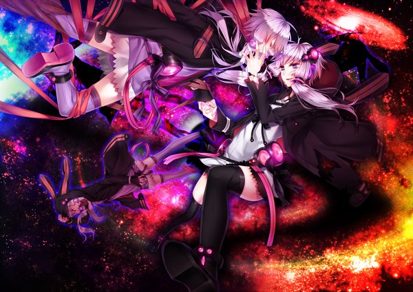 Anime picture 2525x1785 with vocaloid yuzuki yukari tateshina ryouko long hair highres smile purple eyes twintails animal ears purple hair eyes closed bunny ears low twintails holding hands space multiple persona girl thighhighs dress hair ornament