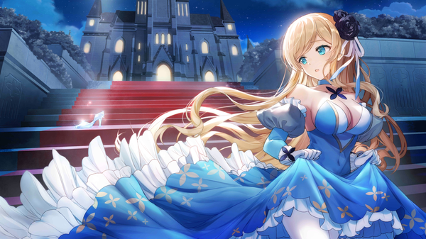 Anime picture 2048x1152 with the story of cinderella girl cafe gun cinderella grainne draser (girl cafe gun) bison cangshu single long hair blush fringe highres breasts open mouth blue eyes light erotic blonde hair wide image large breasts standing bare shoulders cleavage