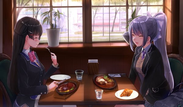 Anime picture 4092x2387 with virtual youtuber nijisanji tsukino mito higuchi kaede akasaai long hair blush fringe highres open mouth black hair smile hair between eyes wide image sitting multiple girls holding payot absurdres purple hair