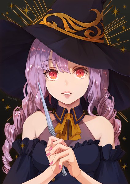 Anime picture 1060x1500 with original rokuo016 single long hair tall image looking at viewer fringe hair between eyes red eyes bare shoulders purple hair upper body nail polish parted lips halloween pink nail polish girl weapon hat witch hat