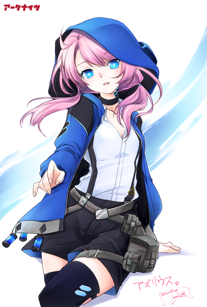 Anime picture 1378x2039 with arknights blue poison (arknights) sono kichi single long hair tall image looking at viewer blue eyes twintails pink hair ahoge open jacket copyright name character names low twintails girl thighhighs black thighhighs choker jacket