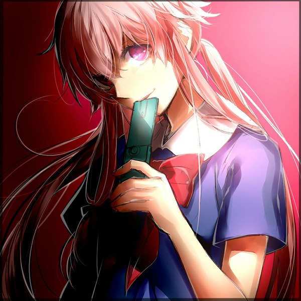 Anime picture 1024x1024 with mirai nikki gasai yuno tayuya1130 single long hair looking at viewer simple background twintails holding pink hair pink eyes light smile border girl uniform bow school uniform hand phone