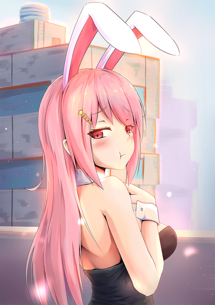 Anime picture 800x1131 with original shoron single long hair tall image looking at viewer blush breasts red eyes large breasts bare shoulders animal ears payot pink hair upper body outdoors looking back from behind sunlight bunny ears