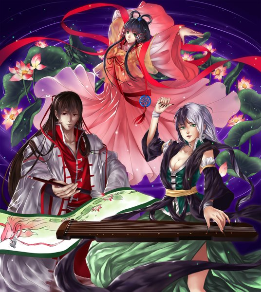 Anime picture 1400x1567 with vocaloid vocaloid china luo tianyi yuezheng ling yuezheng longya yi denka long hair tall image looking at viewer black hair red eyes brown hair multiple girls green eyes silver hair traditional clothes multicolored hair fingernails two-tone hair dark background