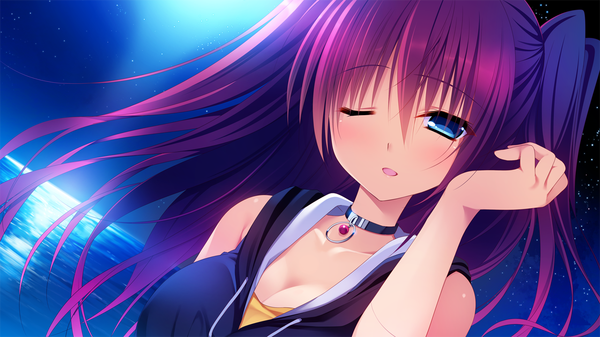 Anime picture 1280x720 with innocent girl ousaka kanae nanaka mai single long hair looking at viewer blush open mouth blue eyes wide image game cg purple hair one eye closed wink night girl sea moon