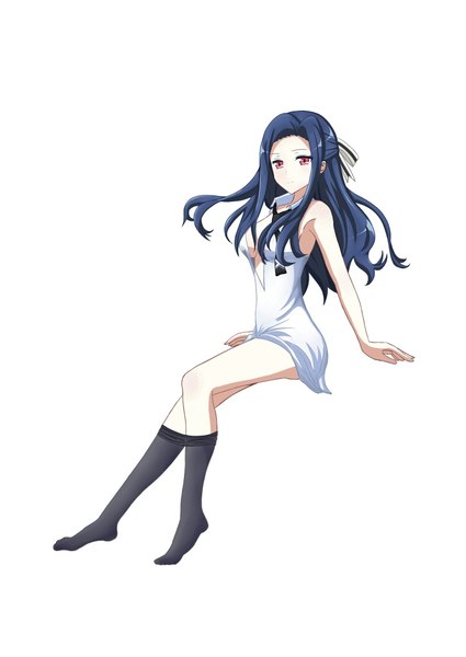Anime picture 724x1023 with mahouka koukou no rettousei saegusa mayumi 213 (n211876) single long hair tall image looking at viewer breasts light erotic simple background red eyes large breasts white background sitting payot blue hair cleavage full body bent knee (knees) light smile