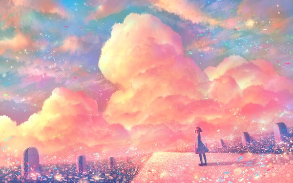 Anime picture 1920x1200 with original bounin single highres standing sky cloud (clouds) full body ahoge outdoors wind horizon girl