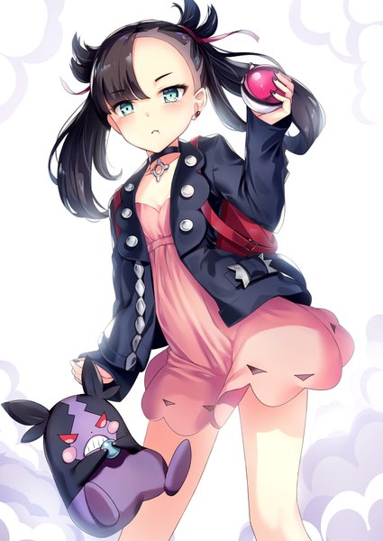 Anime picture 724x1023 with pokemon pokemon (game) pokemon swsh nintendo marnie (pokemon) morpeko yan (nicknikg) single long hair tall image looking at viewer blush fringe breasts black hair simple background standing white background twintails holding