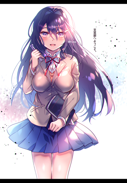 Anime picture 624x900 with doki doki literature club yuri (doki doki literature club) aicedrop single long hair tall image looking at viewer blush fringe breasts open mouth simple background hair between eyes large breasts standing purple eyes holding signed purple hair long sleeves