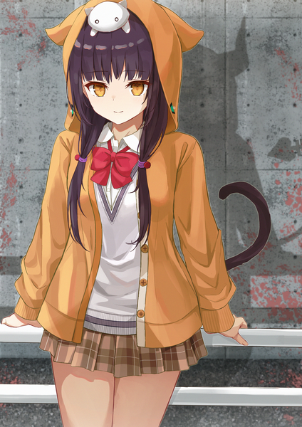 Anime picture 2894x4093 with heaven burns red asakura karen (heaven burns red) norio (noriosub) single long hair tall image highres black hair twintails yellow eyes tail animal tail pleated skirt shadow cat tail low twintails plaid skirt animal on head cat on head girl