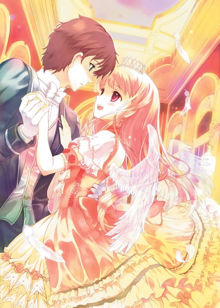 Anime picture 1000x1400 with original takeda mika long hair tall image blush short hair open mouth blue eyes red eyes brown hair orange hair couple holding hands hand on chest angel wings eye contact arm behind back dancing girl dress