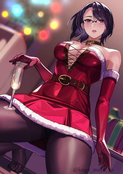 Anime picture 2315x3274 with original kagematsuri single tall image looking at viewer fringe highres short hair breasts light erotic black hair large breasts bare shoulders holding brown eyes signed parted lips dutch angle pantyshot twitter username