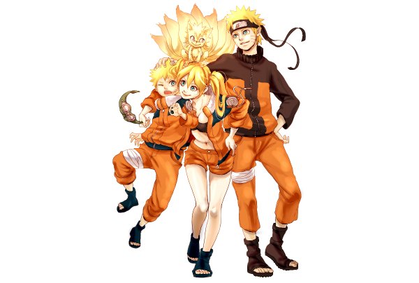 Anime picture 1200x810 with naruto studio pierrot naruto (series) uzumaki naruto kurama (kyuubi) naruko tagme (artist) long hair short hair blue eyes blonde hair simple background smile white background twintails green eyes animal ears hand on hip hug facial mark