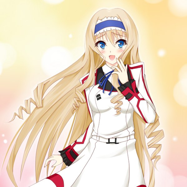 Anime picture 1250x1250 with infinite stratos 8bit cecilia orcott onsen panda (artist) long hair blush open mouth blue eyes blonde hair simple background girl uniform school uniform