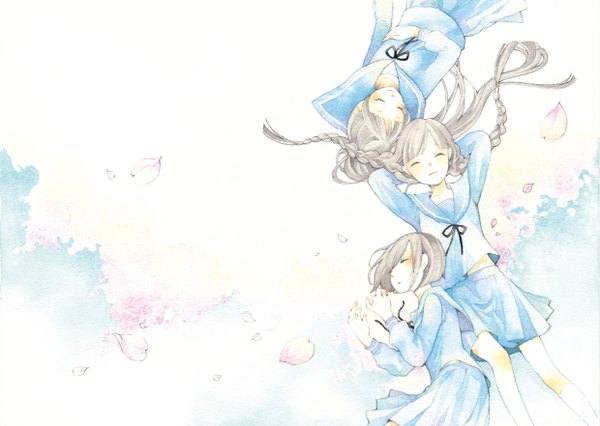 Anime picture 1240x882 with yuufuushi long hair short hair smile brown hair multiple girls ponytail braid (braids) eyes closed twin braids arms behind head traditional media watercolor (medium) girl petals serafuku 3 girls