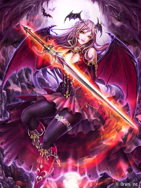 Anime picture 2250x3000 with shingoku no valhalla gate tao (taobooon) single long hair tall image fringe highres breasts bare shoulders yellow eyes looking away pink hair bent knee (knees) inscription official art glowing light cleavage cutout bat wings head wings