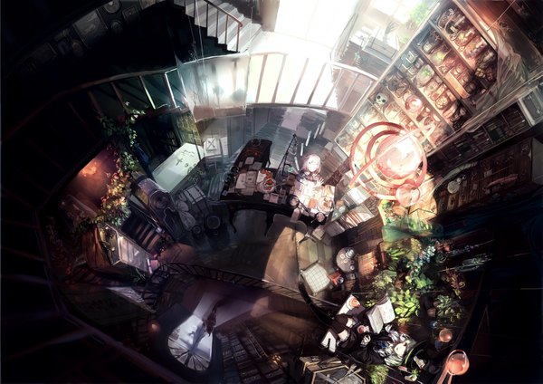 Anime picture 1637x1157 with original h2so4kancel long hair looking at viewer red eyes white hair horn (horns) looking up skirt uniform flower (flowers) ribbon (ribbons) plant (plants) school uniform food sweets book (books) skull stairs cake