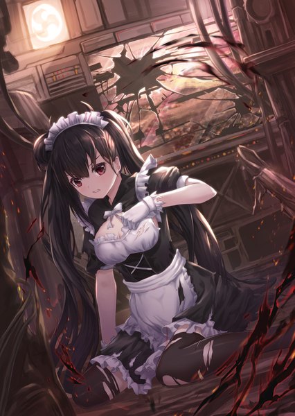 Anime picture 1104x1553 with girls frontline ouroboros (girls frontline) lunacle single tall image looking at viewer fringe black hair hair between eyes red eyes sitting twintails cleavage indoors very long hair parted lips arm up horn (horns) arm support maid