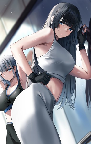 Anime picture 1400x2206 with original nicky w long hair tall image looking at viewer blush fringe breasts blue eyes light erotic black hair standing multiple girls looking away silver hair blunt bangs one eye closed arm up arms up midriff