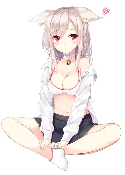 Anime picture 1786x2500 with original takehana note single long hair tall image blush fringe highres breasts light erotic simple background large breasts white background sitting bare shoulders animal ears looking away cleavage silver hair full body
