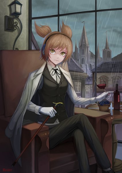 Anime-Bild 1240x1754 mit touhou toyosatomimi no miko recare single tall image looking at viewer fringe short hair brown hair sitting signed yellow eyes indoors long sleeves two side up alternate costume crossed legs rain clothes on shoulders architecture