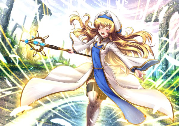 Anime picture 1754x1240 with goblin slayer! priestess (goblin slayer!) adsouto single long hair blush fringe highres breasts open mouth blonde hair hair between eyes standing holding signed sky bent knee (knees) outdoors eyes closed long sleeves