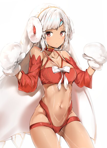 Anime picture 1200x1650 with fate (series) fate/grand order altera (fate) altera the santa (fate) silver (chenwen) single tall image looking at viewer blush fringe short hair breasts light erotic simple background red eyes standing white background bare shoulders cleavage white hair