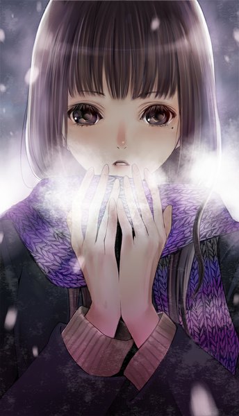 Anime picture 574x1000 with original kiyohara hiro single long hair tall image looking at viewer fringe brown hair blunt bangs black eyes mole mole under eye portrait snowing winter exhalation cold girl scarf
