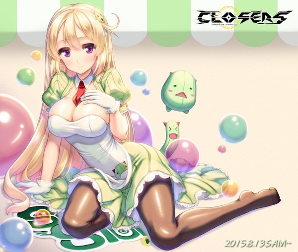 Anime picture 1337x1132 with closers ecell (artist) single long hair looking at viewer fringe breasts light erotic blonde hair large breasts purple eyes hand on chest girl dress gloves pantyhose necktie white gloves