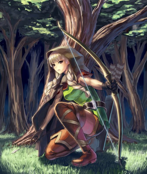 Anime picture 940x1107 with dragon's crown vanillaware elf (dragon's crown) mismi single long hair tall image looking at viewer fringe blonde hair sitting brown eyes braid (braids) sunlight kneeling girl gloves weapon plant (plants) tree (trees)