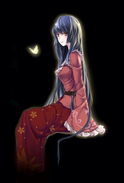 Anime picture 1730x2544 with touhou houraisan kaguya japanda single long hair tall image highres black hair simple background sitting brown eyes looking away black background girl dress insect butterfly