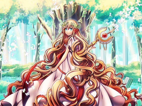 Anime picture 1200x900 with magi the labyrinth of magic a-1 pictures scheherazade (magi) suou sakura single blonde hair very long hair looking back aqua eyes :o curly hair girl dress plant (plants) tree (trees) water food insect butterfly staff
