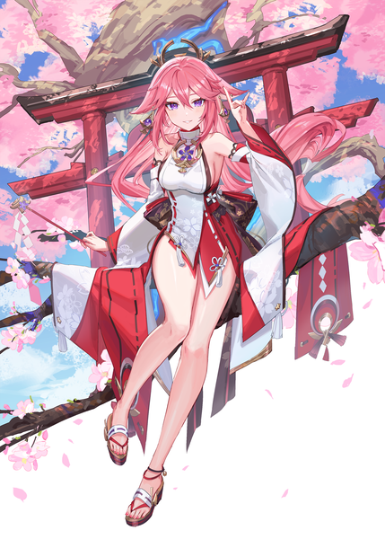 Anime picture 1787x2500 with genshin impact yae miko yu-ri single long hair tall image looking at viewer fringe highres light erotic smile hair between eyes purple eyes animal ears pink hair full body traditional clothes japanese clothes bare legs fox ears