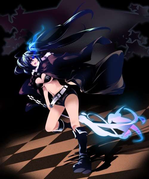 Anime picture 2000x2400 with black rock shooter black rock shooter (character) dragonmaterial long hair tall image highres blue eyes light erotic black hair twintails full body glowing glowing eye (eyes) checkered floor girl shorts belt star (symbol) thigh boots cloak