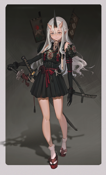 Anime picture 1700x2792 with original freng single long hair tall image looking at viewer smile standing payot full body white hair horn (horns) pointy ears shadow border wavy hair silver eyes oni horns girl gloves