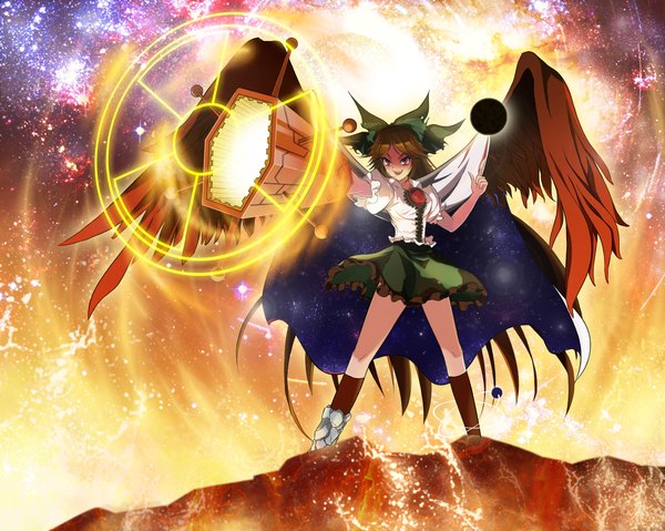 Anime picture 2362x1889 with touhou reiuji utsuho shinebell single long hair highres open mouth black hair smile red eyes magic black wings starry sky print arm cannon space print girl skirt weapon miniskirt wings
