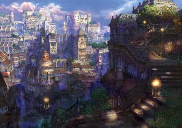Anime picture 2893x2046 with original munashichi highres sky cloud (clouds) city cityscape no people landscape nature fog detailed plant (plants) tree (trees) window building (buildings) lantern stairs lamp bridge
