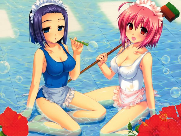 Anime picture 1600x1200 with alpha (yukai na nakamatachi) breasts light erotic red eyes blue hair swimsuit water