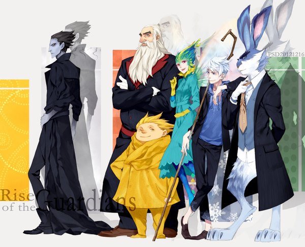 Anime picture 1476x1200 with rise of the guardians dreamworks jack frost (rise of the guardians) pitch toothiana sandman (rise of the guardians) bunnymund north psd (pixiv) long hair short hair blue eyes black hair blonde hair standing yellow eyes silver hair white hair profile pink eyes