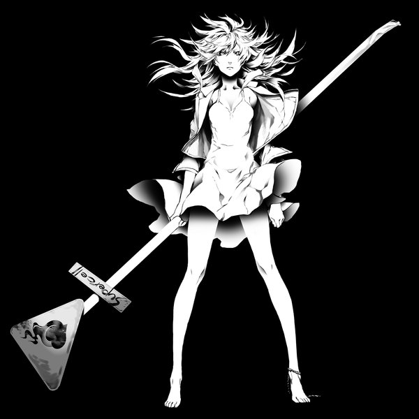 Anime picture 1679x1679 with original miwa shirow single long hair looking at viewer simple background standing white hair barefoot black background white eyes girl dress traffic sign