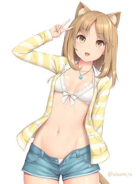 Anime picture 740x1000 with original sasaame single long hair tall image looking at viewer blush fringe breasts open mouth light erotic simple background smile brown hair standing white background brown eyes signed animal ears cleavage