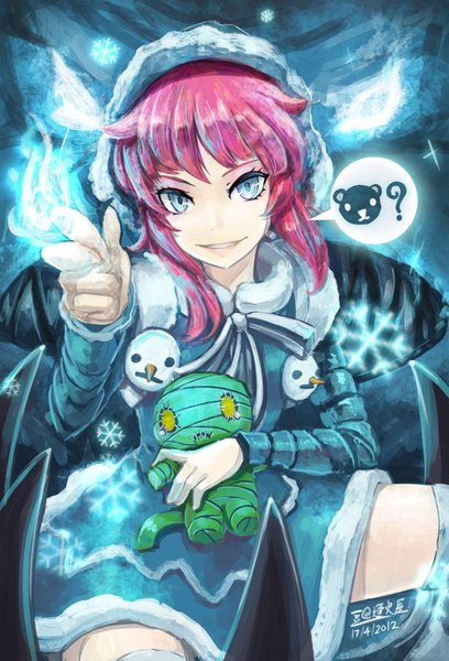 Anime picture 1200x1765 with league of legends annie (league of legends) amumu (league of legends) shaco (league of legends) long hair tall image looking at viewer blue eyes smile signed yellow eyes pink hair grin glowing dated winter ? 2012 girl bow