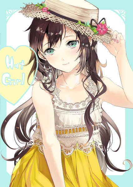 Anime picture 630x885 with original sakuragi kei single long hair tall image blush brown hair standing bare shoulders looking away upper body nail polish aqua eyes text english adjusting hat pink nail polish girl hat heart