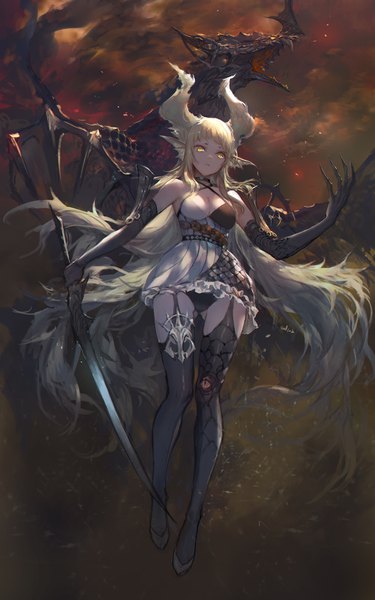 Anime picture 1477x2362 with dragon nest swd3e2 single tall image looking at viewer fringe breasts light erotic blonde hair bare shoulders holding yellow eyes payot cleavage full body blunt bangs very long hair pointy ears floating hair outstretched arm
