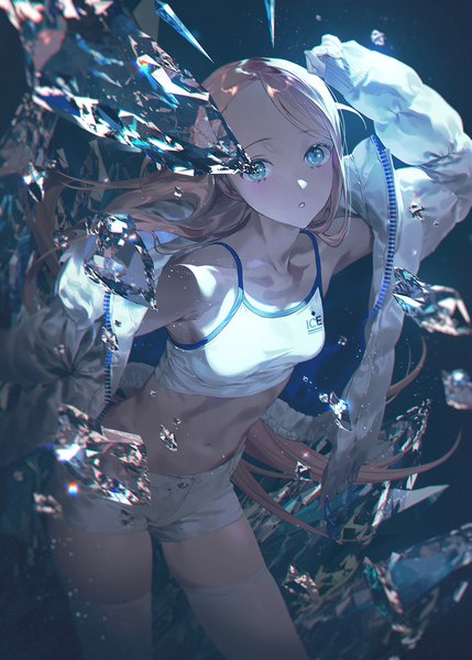 Anime-Bild 1072x1500 mit original fajyobore single long hair tall image looking at viewer fringe breasts blue eyes blonde hair standing bare shoulders long sleeves parted lips arm up off shoulder open jacket midriff zettai ryouiki sleeves past wrists