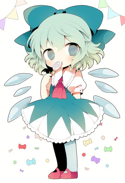 Anime picture 700x1020 with touhou cirno kyou (nekoneko) single long hair tall image blush fringe standing white background looking away full body aqua hair grey eyes arm behind back girl dress bow hair bow pantyhose